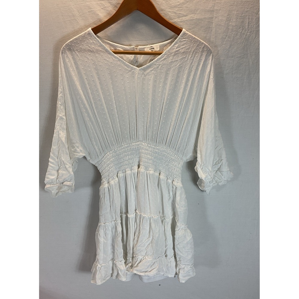 Entro White Mini‎ Dress 3/4 Sleeves Tiered Smocked Waist. Size M Flounce